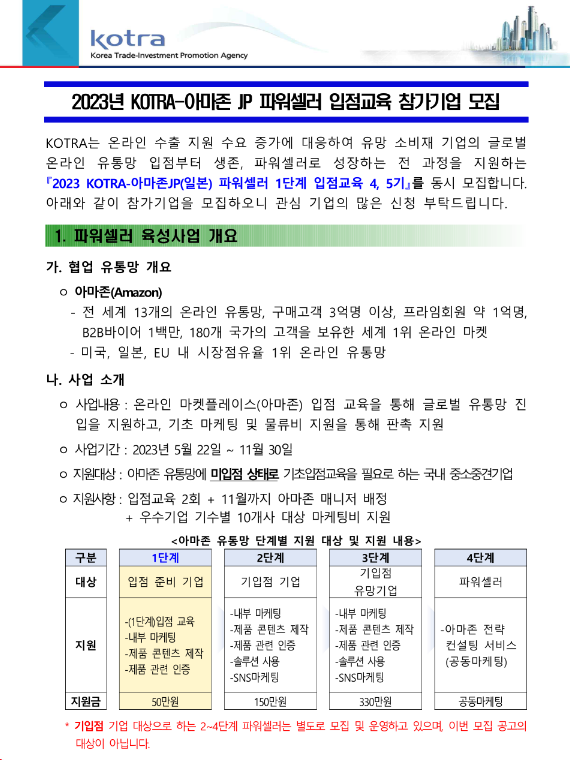 2023년 4기ㆍ5기 KOTRA-아마존JP 파워셀러 1단계 입점교육 참가기업 모집 공고