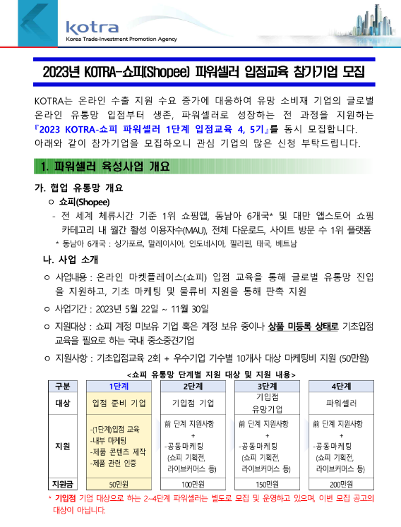 2023년 4기ㆍ5기 KOTRA-쇼피 파워셀러 1단계 입점교육 참가기업 모집 공고