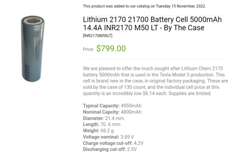 Lithium 2170 21700 Battery Cell 5000mAh 14.4A INR2170 M50 LT - By