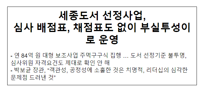 세종도서 선정사업, 심사 배점표, 채점표도 없이 부실투성이로 운영_문화체육관광부 세종도서 선정사업, 심사 배점표, 채점표도 없이 부실투성이로 운영_문화체육관광부