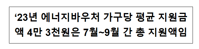 ’23년 에너지바우처 가구당 평균 지원금액 4만 3천원은 7월~9월 간 총 지원액임