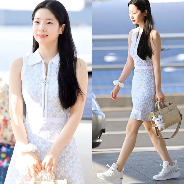 다현 여름 여친룩 코디! 마이클코어스 여자 메신저백 가방 폴로 원피스 화이트 스니커즈