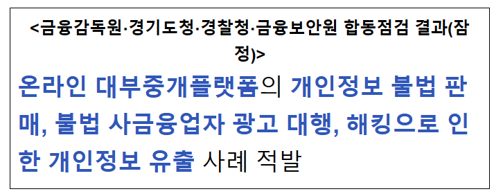 온라인 대부중개플랫폼의 개인정보 불법 판매, 불법 사금융업자 광고 대행, 해킹으로 인한 개인정보 유출 사례 적발(공동보도자료)