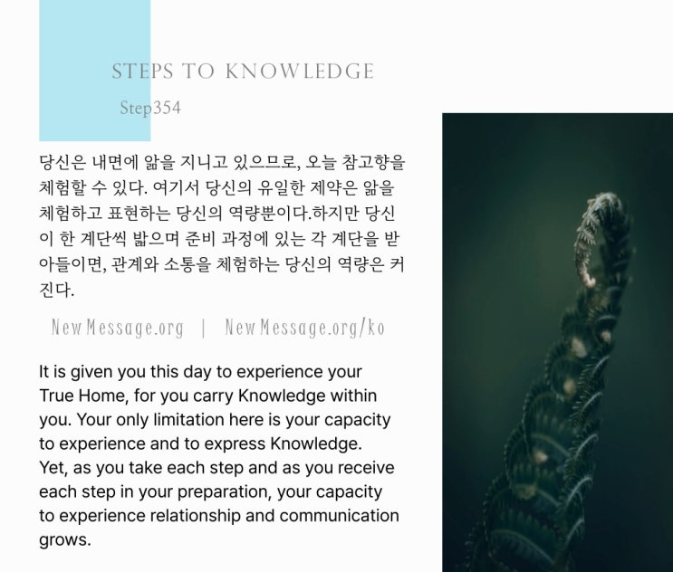 제 354 계단 나는 세상에 있는 동안 나의 참고향을 체험해야 한다 I must experience my True Home while I am in the world. 제 354 계단 나는 세상에 있는 동안 나의 참고향을 체험해야 한다 I must experience my True Home while I am in the world.