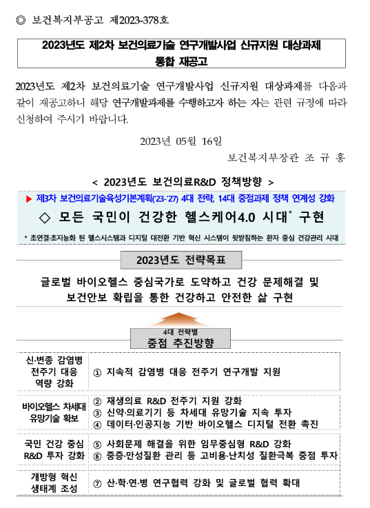 2023년 2차 보건의료기술 연구개발사업 신규지원 대상과제 통합 재공고