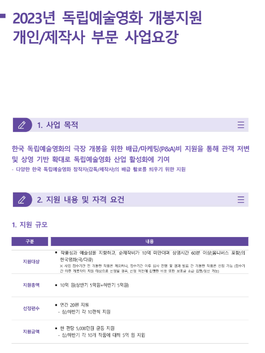 2023년 하반기 독립예술영화 개봉지원 개인ㆍ제작사 부문 사업 공고 2023년 하반기 독립예술영화 개봉지원 개인ㆍ제작사 부문 사업 공고
