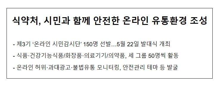식약처, 시민과 함께 안전한 온라인 유통환경 조성 식약처, 시민과 함께 안전한 온라인 유통환경 조성