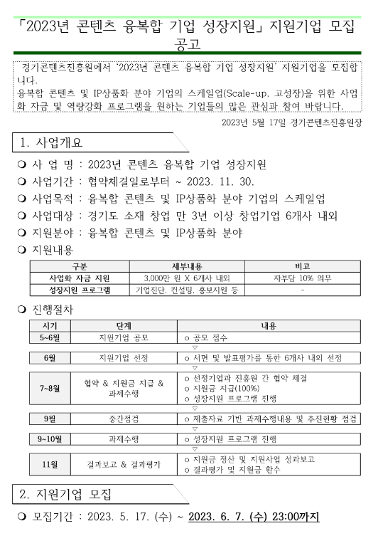 [경기] 2023년 콘텐츠 융복합 기업 성장지원 지원기업 모집 공고