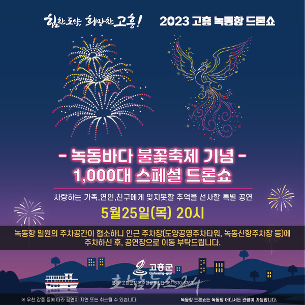  고흥군, 25일부터 전남 최초 녹동항 드론쇼 1000대 드론 빛의 스페셜 공연 진행