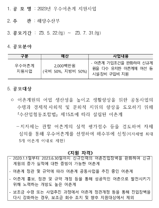 2023년 우수어촌계 지원사업 공고