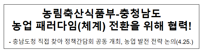 농림축산식품부-충청남도 농업 패러다임(체계) 전환을 위해 협력! 농림축산식품부-충청남도 농업 패러다임(체계) 전환을 위해 협력!