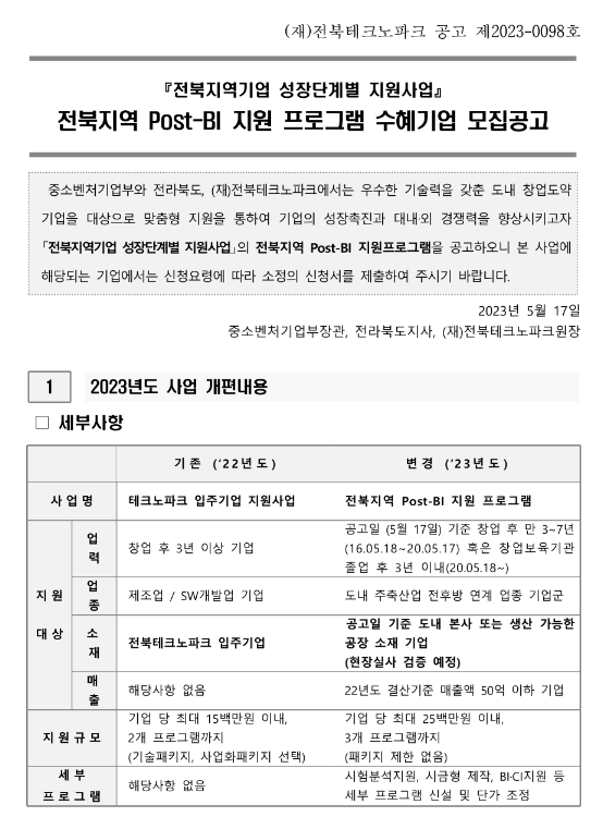 [전북] 2023년 지역 Post-BI 지원 프로그램 수혜기업 모집 공고(지역기업 성장단계별 지원사업)