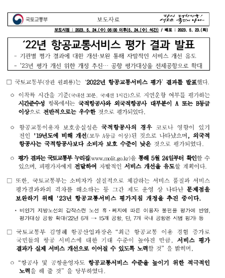 ’22년 항공교통서비스 평가 결과 발표 ’22년 항공교통서비스 평가 결과 발표