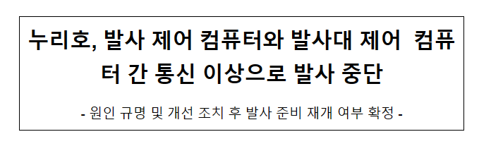 누리호, 발사 제어 컴퓨터와 발사대 제어 컴퓨터 간 통신 이상으로 발사 중단 누리호, 발사 제어 컴퓨터와 발사대 제어 컴퓨터 간 통신 이상으로 발사 중단