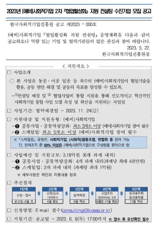 2023년 2차 (예비)사회적기업 협업활성화 지원 컨설팅 수진기업 모집 공고 2023년 2차 (예비)사회적기업 협업활성화 지원 컨설팅 수진기업 모집 공고