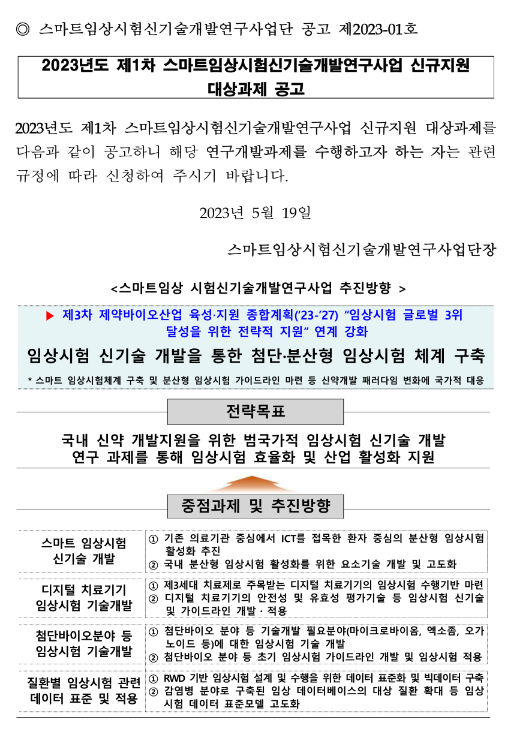 2023년 1차 스마트 임상시험 신기술개발 연구사업 신규지원 대상과제 공고 2023년 1차 스마트 임상시험 신기술개발 연구사업 신규지원 대상과제 공고