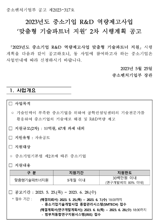 2023년 2차 중소기업 R&D 역량제고사업(맞춤형 기술파트너 지원) 시행계획 공고