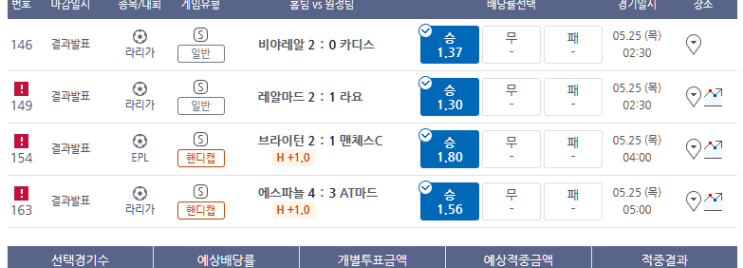 프로토 5/24 수요일 경기 적중 (아쉬운 올킬 실패, 아 베티스) 프로토 5/24 수요일 경기 적중 (아쉬운 올킬 실패, 아 베티스)