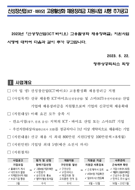 [충북] 청주시ㆍ진천군ㆍ음성군 2023년 신성장산업(ICTㆍ바이오) 고용활성화 채용장려금 지원사업 시행 추가공고