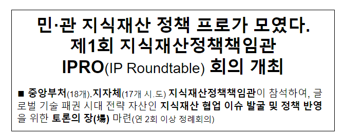 제1회 지식재산정책책임관 아이프로(IPRO) 회의 개최 제1회 지식재산정책책임관 아이프로(IPRO) 회의 개최