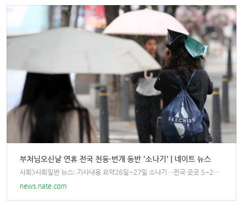 부처님오신날 연휴 전국 천둥·번개 동반 '소나기' 부처님오신날 연휴 전국 천둥·번개 동반 '소나기'