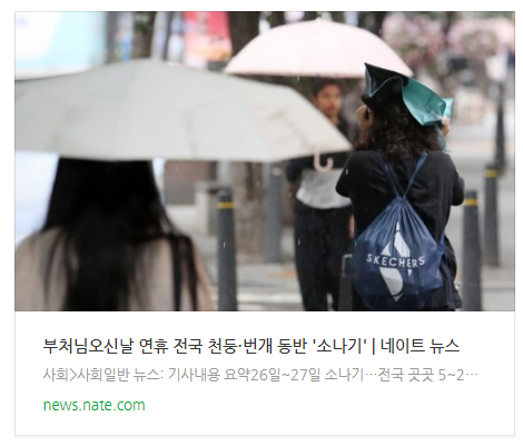 부처님오신날 연휴 전국 천둥·번개 동반 '소나기'