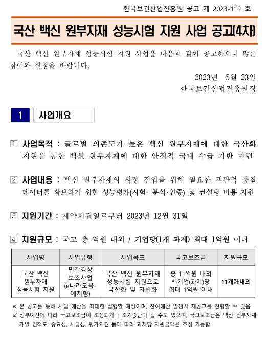 2023년 4차 국산 백신 원부자재 성능시험 지원사업 공고