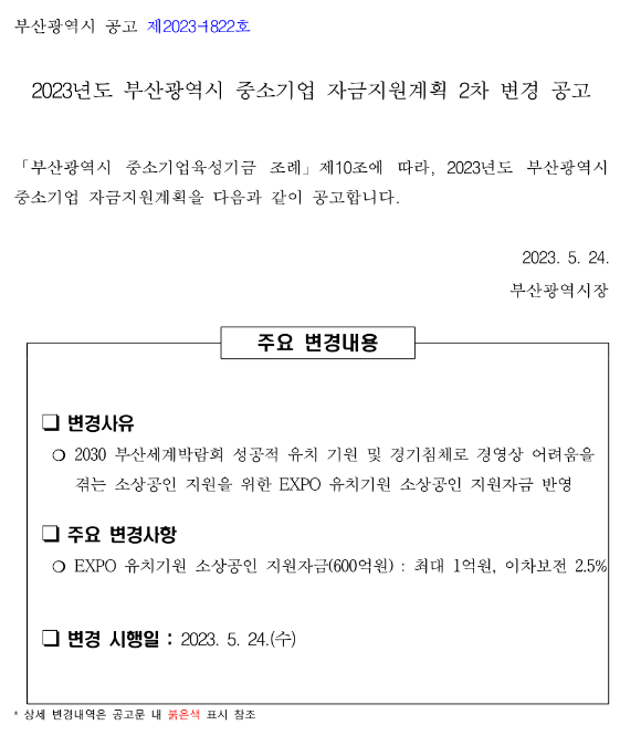 [부산] 2023년 중소기업 자금지원계획 2차 변경 공고