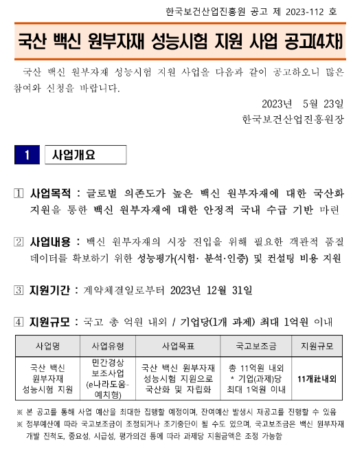 2023년 4차 국산 백신 원부자재 성능시험 지원사업 공고 2023년 4차 국산 백신 원부자재 성능시험 지원사업 공고
