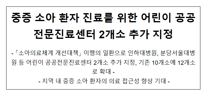 중증 소아 환자 진료를 위한 어린이 공공전문진료센터 2개소 추가 지정 중증 소아 환자 진료를 위한 어린이 공공전문진료센터 2개소 추가 지정