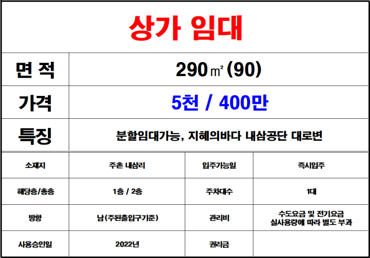  김해 주촌 내삼리 상가 임대,내삼리 대로변 상가 임대