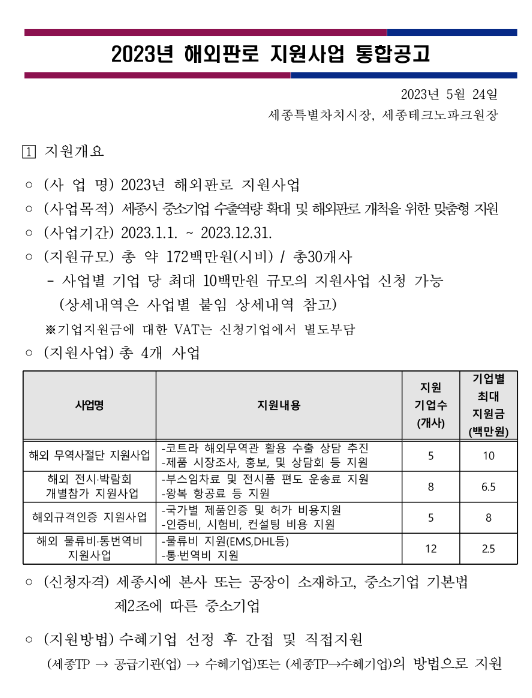 [세종] 2023년 해외판로 지원사업 통합 공고