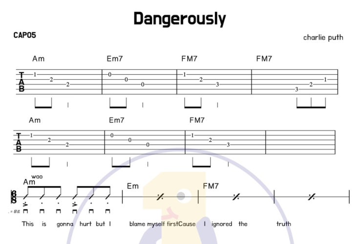 찰리푸스 dangerously - Charlie Puth 기타 연주하기!타브악보/기타 커버/기타악보/쉬운 기타/기타 코드 / tab 악보