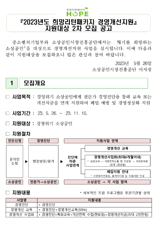 2023년 2차 희망리턴패키지 경영개선지원 지원대상 모집 공고 2023년 2차 희망리턴패키지 경영개선지원 지원대상 모집 공고