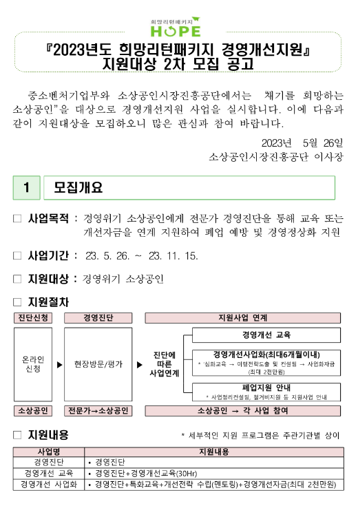 2023년 2차 희망리턴패키지 경영개선지원 지원대상 모집 공고