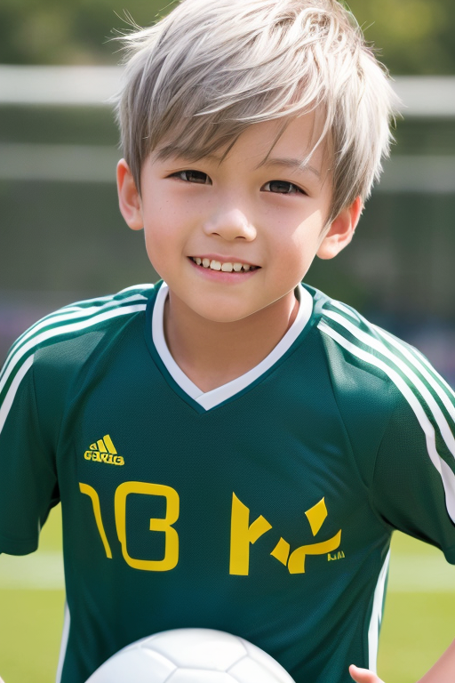 [Ai Greem] 그림_남자 192: a free illustration of a white-haired boy character playing soccer, uniform