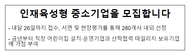 인재육성형 중소기업을 모집합니다. 내달 26일까지 접수, 서면 및 현장평가를 통해 280개사 내외 선정 인재육성형 중소기업을 모집합니다. 내달 26일까지 접수, 서면 및 현장평가를 통해 280개사 내외 선정
