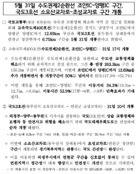 5월 31일 수도권제2순환선 조안IC~양평IC 구간, 국도3호선 소요산교차로~초성교차로 구간 개통 5월 31일 수도권제2순환선 조안IC~양평IC 구간, 국도3호선 소요산교차로~초성교차로 구간 개통