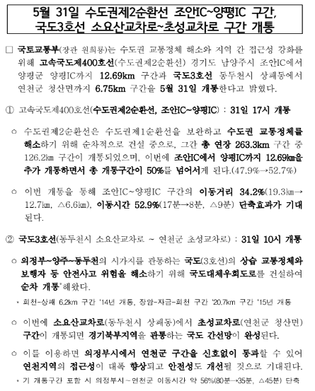 5월 31일 수도권제2순환선 조안IC~양평IC 구간, 국도3호선 소요산교차로~초성교차로 구간 개통