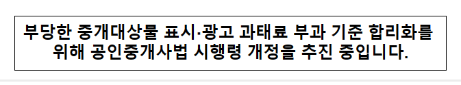 부당한 중개대상물 표시·광고 과태료 부과 기준 합리화를 위해 공인중개사법 시행령 개정을 추진 중입니다.