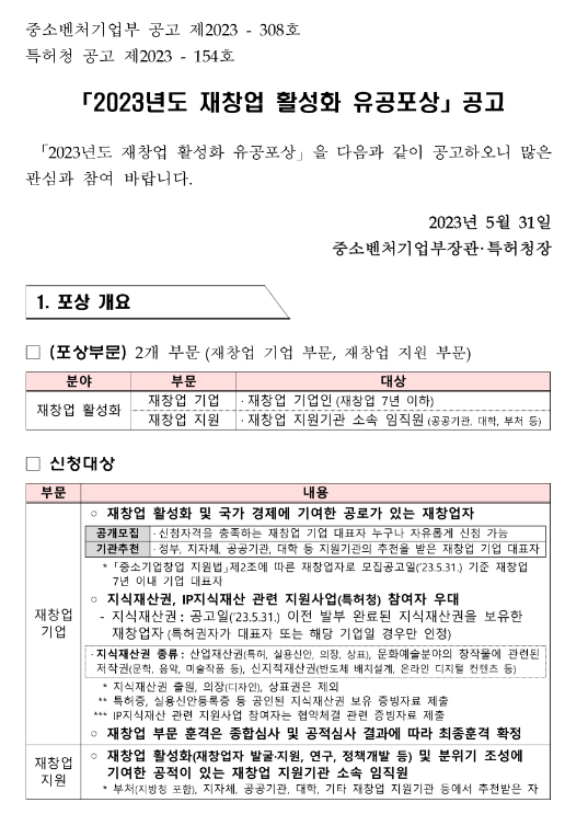 2023년 재창업 활성화 유공포상 공고