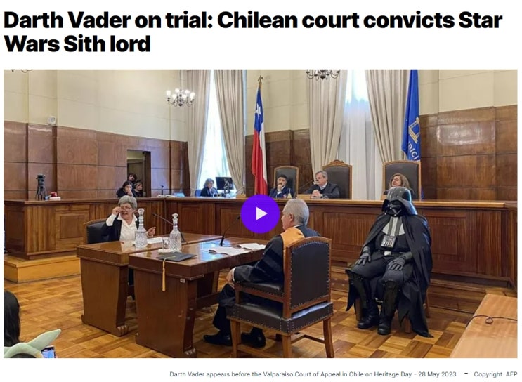 스타워즈 '다스 베이더' 재판 받다...30년 냉동 선고...왜 VIDEO:Darth Vader on trial: Chilean court convicts Star Wars...