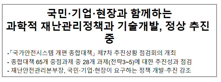 국민·기업·현장과 함께하는 과학적 재난관리정책과 기술개발, 정상 추진 중 국민·기업·현장과 함께하는 과학적 재난관리정책과 기술개발, 정상 추진 중