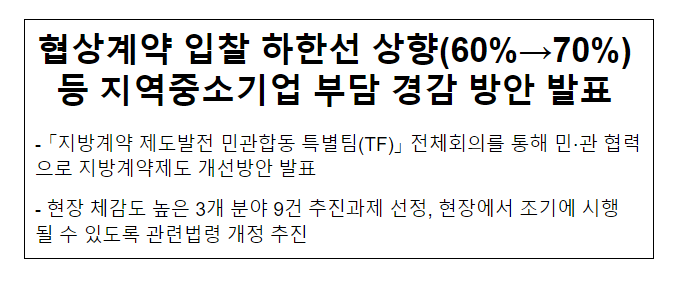 협상계약 입찰 하한선 상향(60%→70%) 등 지역중소기업 부담 경감 방안 발표