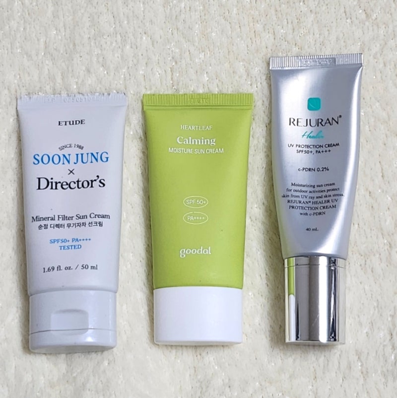 선크림 비교 ☀️ 에뛰드 순정 디렉터 무기자차 / 구달 어성초 진정 수분 선크림 / 리쥬란 힐....