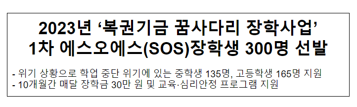 2023년 ‘복권기금 꿈사다리 장학사업’ 1차 에스오에스(SOS)장학생 300명 선발 2023년 ‘복권기금 꿈사다리 장학사업’ 1차 에스오에스(SOS)장학생 300명 선발