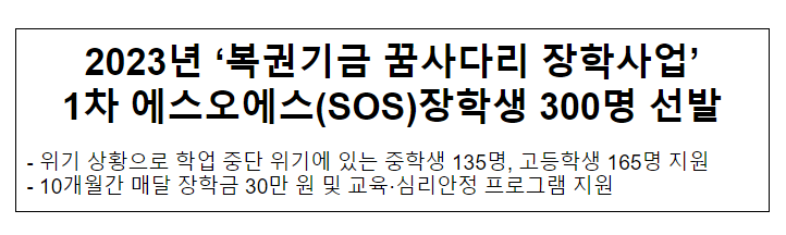 2023년 ‘복권기금 꿈사다리 장학사업’ 1차 에스오에스(SOS)장학생 300명 선발