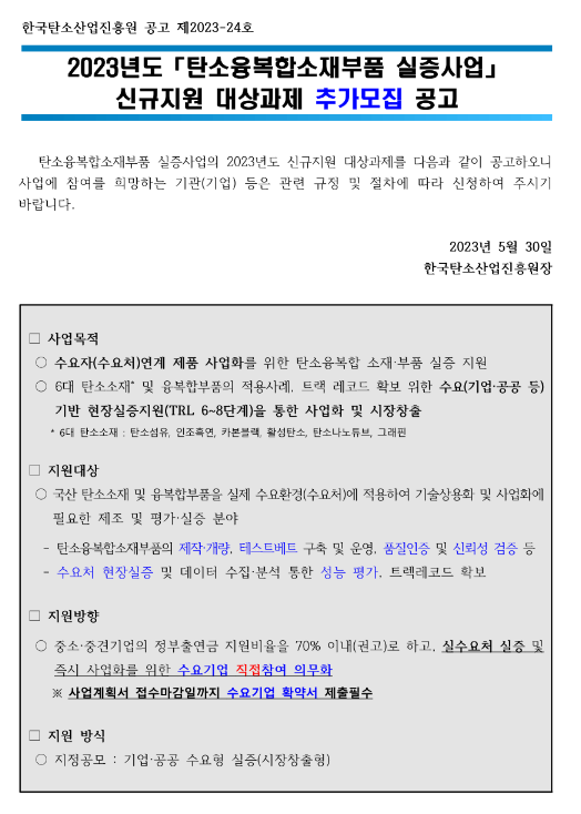 2023년 탄소융복합소재부품 실증사업 신규지원 대상과제 추가모집 공고