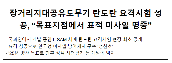 장거리지대공유도무기(L-SAM) 탄도탄 요격시험 성공