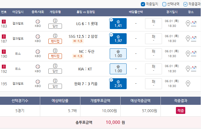 6월1일 KBO 야구 스포츠 토토 프로토 승부식 63회차 경기 분석 기록용
